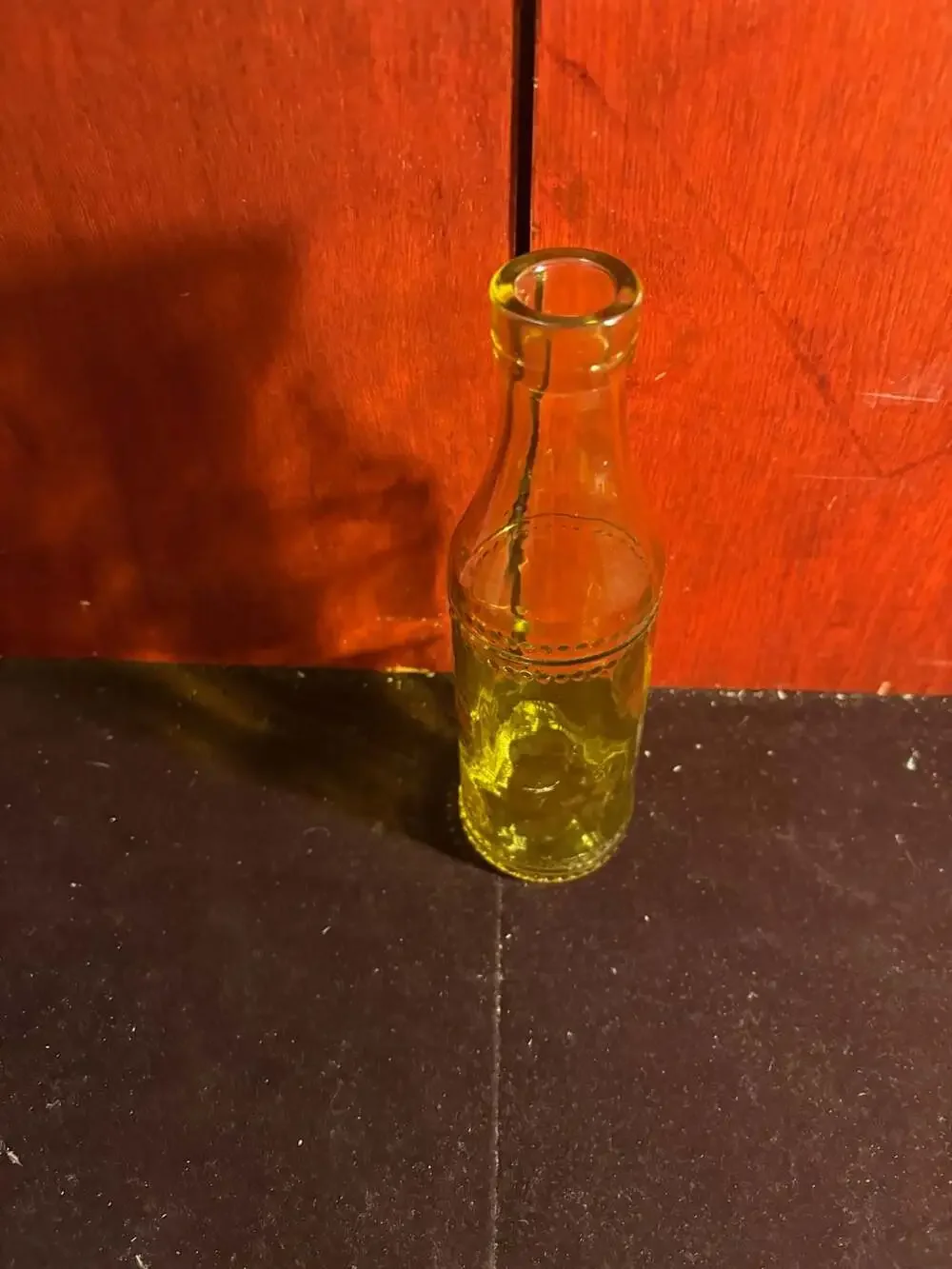 Vintage Yellow Green Glass Bottle with Beaded Embossed Accent
